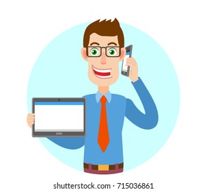 Businessman holding tablet PC and talking on mobile phone. Portrait of Cartoon Businessman Character. Vector illustration in a flat style.