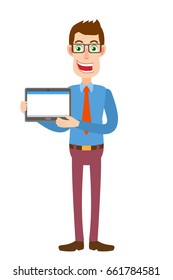 Businessman holding tablet PC with two hands. Full length portrait of Cartoon Businessman Character. Vector illustration in a flat style.
