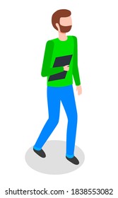 Businessman holding tablet pc vector illustration. Man holds electronic device with touch screen. Bearded male character manager holding e-book, device for internet surfing goes to check something