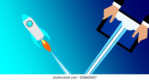 Businessman holding a tablet with a rocket.Concept of Start up. Flat design, vector illustration.