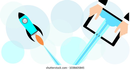 Businessman holding a tablet with a rocket.Concept of Start up. Flat design, vector illustration.