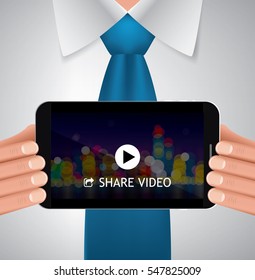 Businessman holding tablet with share video app, vector illustration
