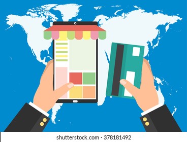 Businessman holding tablet smart phone and credit card for online shopping on world map background. Vector illustration mobile payment e-commerce concept.