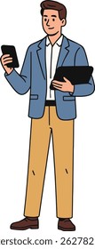 Businessman Holding Tablet Vector Illustration on White Background.