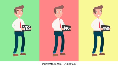 Businessman holding a tablet Yes, No, Maybe, I think. Vector illustration