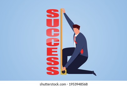 Businessman Holding A Tape Measure To Measure The Height Of Success, Distance To Success, Concept Illustration Of Business Success