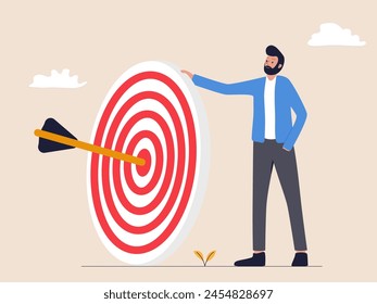 A businessman is holding a target and arrow, symbolizing aspiration and motivation in business. The illustration reflects the determination to achieve goals and the drive to succeed.