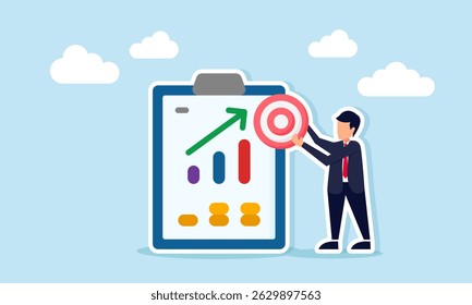 Empresário segurando placa de destino ao lado da placa de documento com ilustração de gráfico crescente de melhoria do desempenho de conclusão da meta de negócios