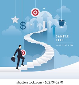 Businessman holding Target rising up the spiral stairs of the Career. Business Concept journey and Development, Creative idea, Start up, Future success. first step, vector illustration.
