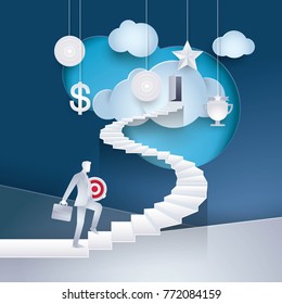 Businessman holding Target rising up the spiral stairs of the Career. Business Concept journey and Development, Creative idea, Future success. first step, Paper art vector and illustration.
