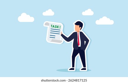Empresário segurando uma nota de tarefa ilustração de procedimentos de aprendizagem para concluir tarefas de negócios