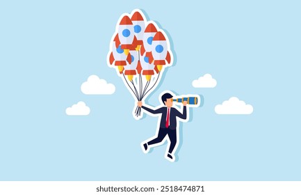 A businessman holding a telescope is hanging from a rocket balloon, illustrating the analysis of business progress and performance and strategic business planning