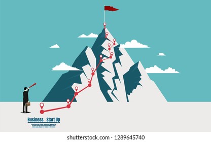 Businessman holding telescope looking a flag on top mountain. Success, leadership, achievement and goal concept. Startup vector illustration flat