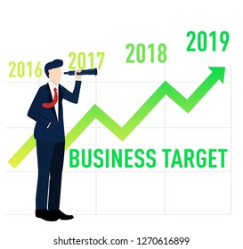 Businessman holding telescope, looking looking into future of company target and comparing with previous year graph with arrow up on the next year 2019, success concept and growth profit corporate