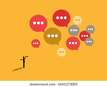 Businessman holding telescope looking at many speech bubbles