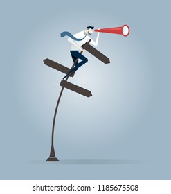 Businessman holding telescope on a crossroad sign - Business Vision concept vector
