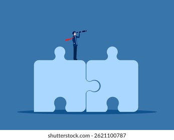 Businessman holding telescope on a jigsaw puzzle