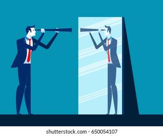 Businessman holding telescope and reflecting in mirror. Concept business vector illustration.