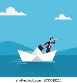 Businessman holding telescope and sailing on boat paper illustration.  Risk and challenge concept for succes concept.