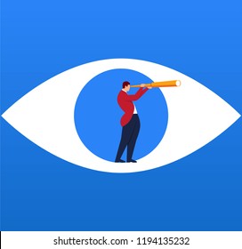 Businessman holding a telescope standing inside the eyes looking into the distance