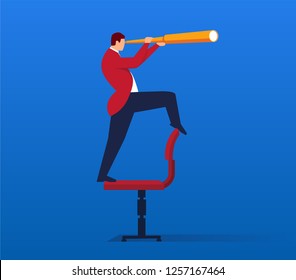 Businessman holding a telescope standing on a chair looking into the distance