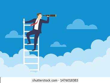 Businessman holding a telescope standing on the top of the stairs looking of success, Searching new business goals, Finding ambition and motivation concept, Flat design vector illustration