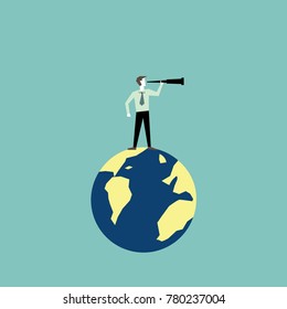 Businessman holding telescope and standing on the global-concept of vision