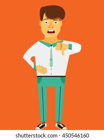 Businessman holding thumbs down sign vector. 