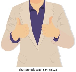 Businessman holding thumbs up. Vector businessman in a flat style.