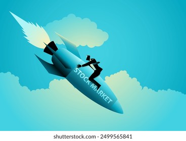 Businessman holding tightly to a rocket labeled Stock Market as it rapidly dives downwards. Symbolizes financial turmoil, market crashes, economic challenges, and risks of the stock market