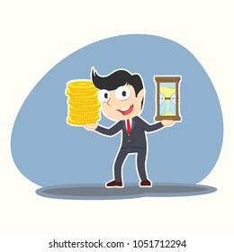 Businessman Holding Time and Coins in His Both Hands