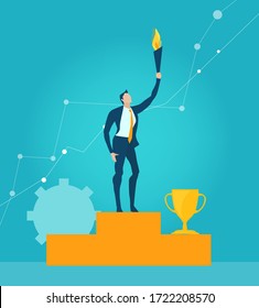 Businessman holding up torch with flame as winning symbol.