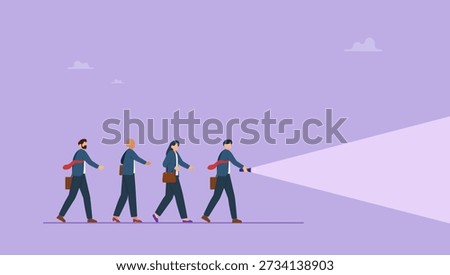 Businessman holding torch flashlight for guidance. Guidance direction, flashlight to discover success opportunity, leadership or search for information, advice, mentorship, business direction.