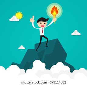 businessman holding a torch on the top of mountain/ Leadership of success business concept vector illustration.