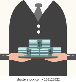 Businessman holding a tray with money