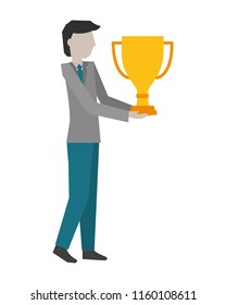 businessman holding trophy award success