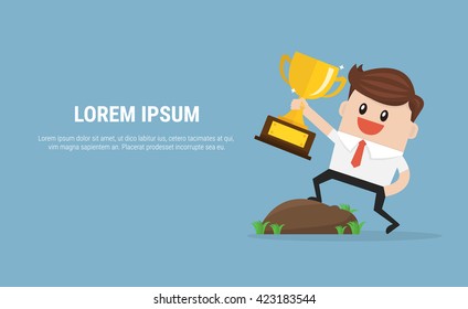 Businessman Holding a Trophy. Business Concept Cartoon Illustration.