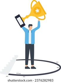 Businessman holding Trophy and Competitor try to down the business, Business winner or business achievement

