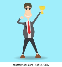 Businessman holding a trophy cup. Celebrating businessman holding winner cup trophy.