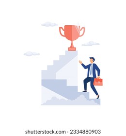 Businessman holding trophy cup standing on the stair, flat vector modern illustration