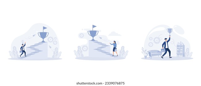 Businessman holding trophy cup standing on the stair, Businesswoman climbing ladder to golden trophy, Success and professional achievement, set flat vector modern illustration