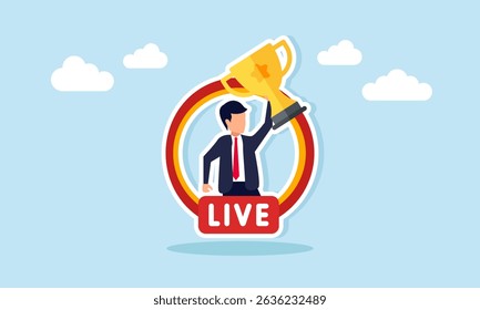 Businessman holding trophy inside circle with live text representing leading company achievement