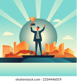 Businessman holding a trophy on the background of the city.