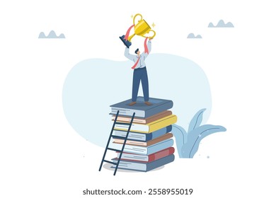 Businessman holding a trophy on a pile of books, Learning and education lead to great success, Creating business or career opportunities, The concept of development towards success, Vector design.
