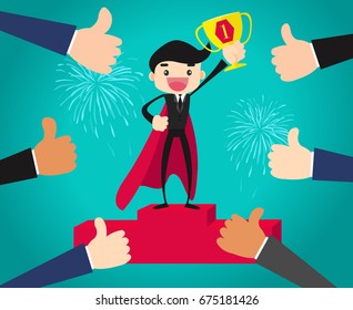 Businessman holding a trophy on podium 