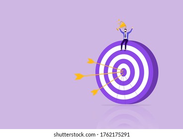 Businessman  holding a trophy sitting on the huge target with arrows in center. business goals. concept for planning, business strategy, making goals and goal achievement. Vector illustration