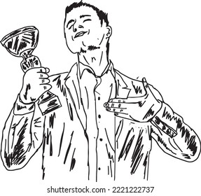 Businessman Holding Trophy Sketch Drawing, Man Holding Trophy Clipart And Success Symbols Vector Concept, Champion Holding Award, Victory Celebration