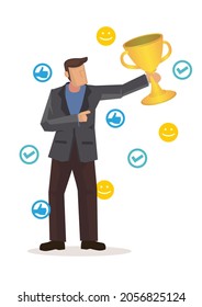 Businessman holding trophy with social media icons. Concept of corporate victory and champion. Isolated vector illustration.