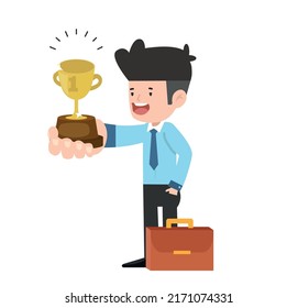 Businessman Holding Trophy  Success Concept