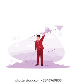 businessman holding a trophy. Successful business concept. Trend Modern vector flat illustration
